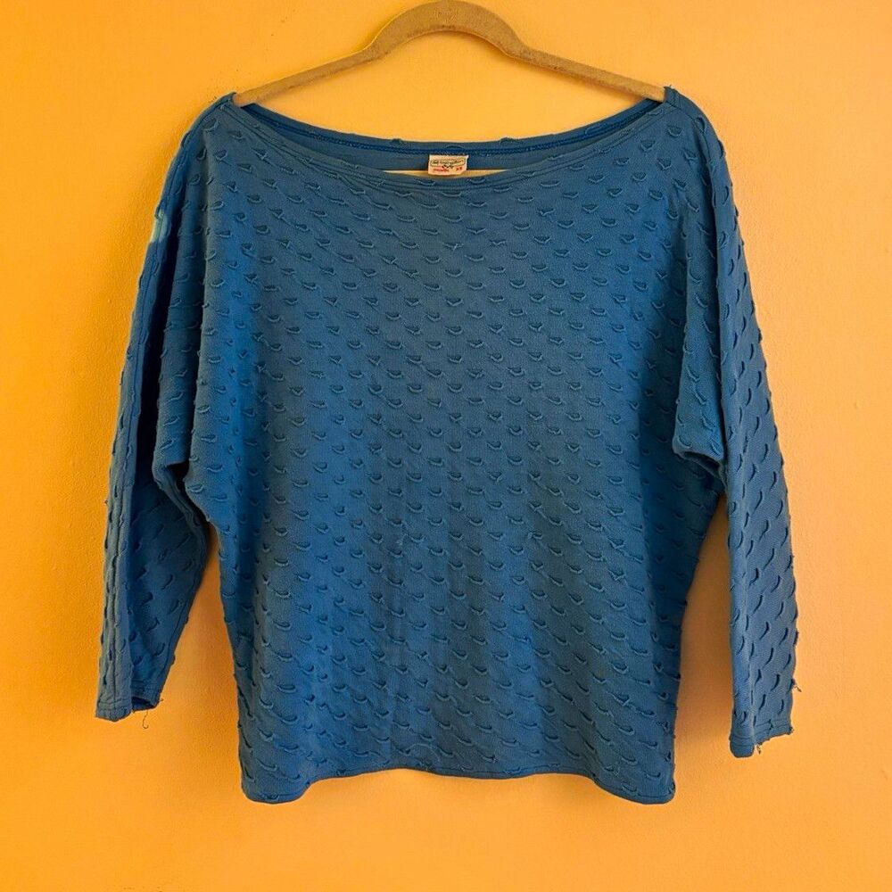 Vintage 100% Cotton Benelton Textured Knit Blue Boat Neck 3/4 Sleeve XS